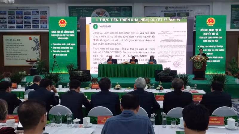 Toàn cảnh Hội nghị “Thúc đẩy đột phá nghiên cứu khoa học, công nghệ, đổi mới sáng tạo gắn với đào tạo của các viện, trường thuộc Bộ Nông nghiệp và Môi trường”.