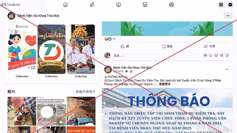 Thông tin sai lệch đăng trên trang Facebook giả mạo Bệnh viện đa khoa khu vực Thủ Đức.