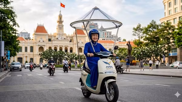 Xe máy điện có mái che lấy cảm hứng từ chiếc nón lá Việt Nam của bà Nguyễn Thị Thu Thủy, 84 tuổi. (Ảnh: AVES)