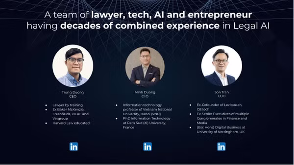 Dương Bảo Trung cùng đội ngũ phát triển LEXcentra, nền tảng ứng dụng AI vào tra cứu, phân tích và xử lý công việc pháp lý. Ảnh: Âu Lạc Grand Prize.