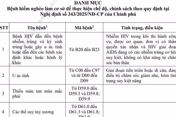 Danh mục bệnh hiểm nghèo thực hiện chế độ, chính sách với sĩ quan Quân đội nghỉ hưu. (Ảnh chụp màn hình)