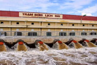 Trạm bơm Lịch Bài (tỉnh Hưng Yên) được vận hành hết công suất nhằm tiêu úng nhanh trong nội đồng cứu lúa, hoa màu.
