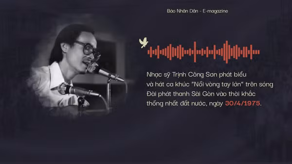 Nhạc sĩ Trịnh Công Sơn phát biểu và hát ca khúc Nối vòng tay lớn trên sóng Đài Phát thanh Sài Gòn ngày 30/4/1975