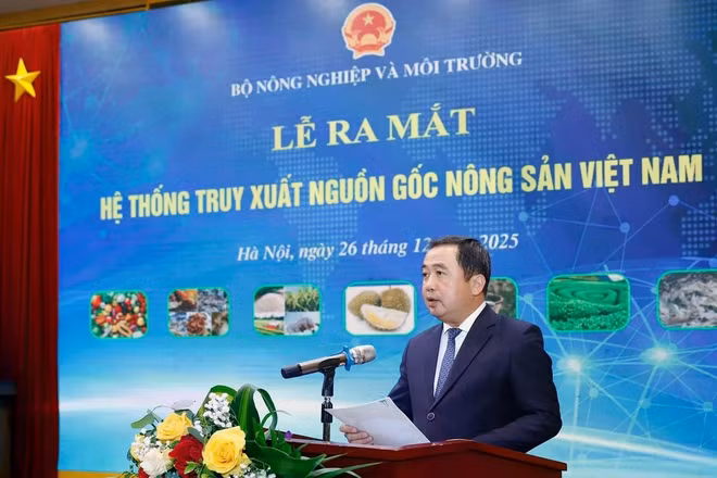 Đồng chí Trần Đức Thắng, Bộ trưởng Nông nghiệp và Môi trường phát biểu khai mạc Lễ ra mắt Hệ thống truy xuất nguồn gốc nông sản Việt Nam. (Ảnh: Khương Trung)