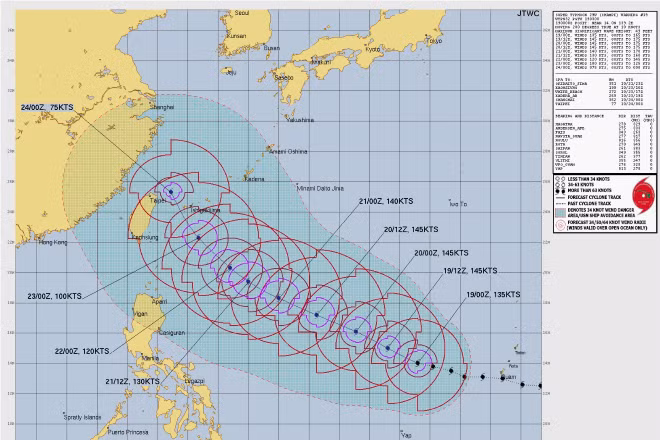 Dự báo của cơ quan khí tượng Mỹ về đường đi siêu bão CHAMPI. (Ảnh: Trung tâm Khí tượng thủy văn quốc gia)