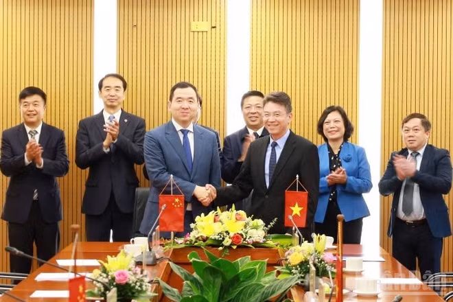Lãnh đạo hai bên chứng kiến Lễ ký văn kiện hợp tác giữa Tổng công ty Hàng hải Việt Nam và Tập đoàn Cảng Vịnh Bắc Bộ, Quảng Tây.