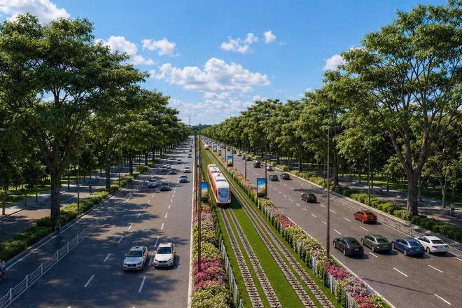 Tuyến tàu điện nhẹ (LRT) được vận hành trên trục đường ĐT.975 là những "mắt xích" trong chuỗi hạ tầng đang được triển khai đồng thời tại Phú Quốc. (Ảnh phối cảnh minh họa: Sun Group)