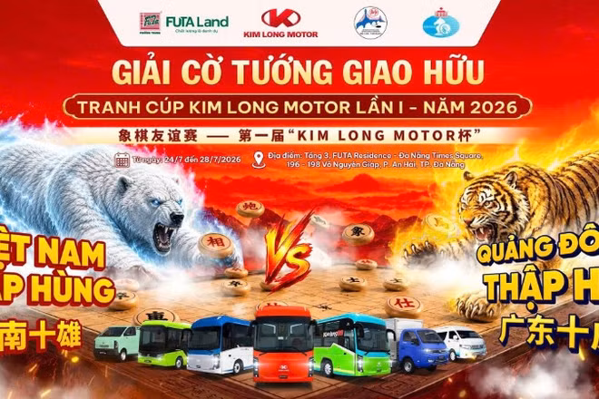 Poster giới thiệu Giải Cờ tướng giao hữu quốc tế Việt Nam-Trung Quốc (Quảng Đông) tranh Cúp Kim Long Motor lần thứ nhất.