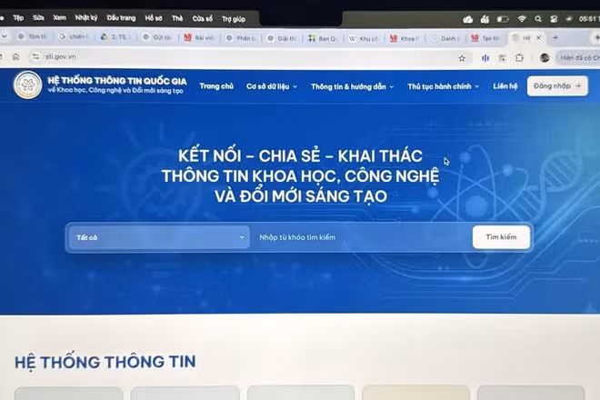 Giao diện trang chủ Hệ thống thông tin quốc gia về khoa học, công nghệ và đổi mới sáng tạo.