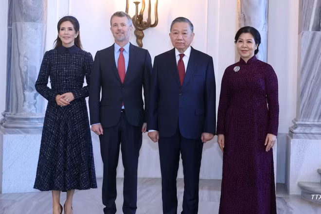 Tổng Bí thư, Chủ tịch nước Tô Lâm và Phu nhân Ngô Phương Ly hội kiến Nhà Vua Đan Mạch Frederik X và Hoàng hậu Mary. (Ảnh: Thống Nhất-TTXVN)