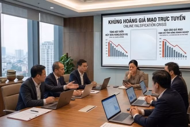 Nhiều doanh nghiệp làm ăn chân chính bất ngờ vướng khủng hoảng giả mạo trên mạng xã hội qua Fanpage giả mạo hoặc "bão 1 sao" trên Google Maps. (Ảnh minh họa tạo bởi AI)