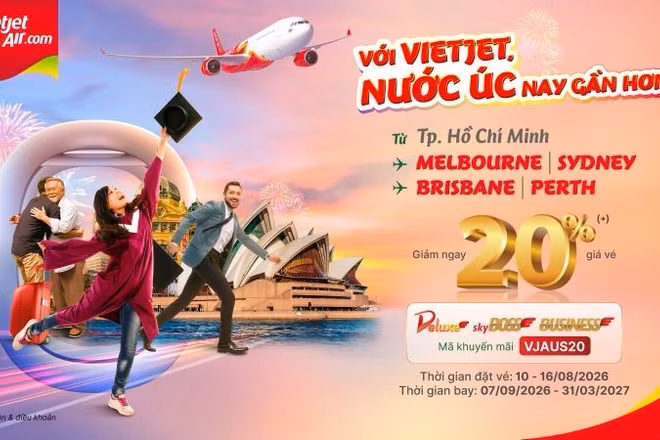 Từ nay đến 23 giờ ngày 16/8/2026 (GMT+7), hành khách tiết kiệm đến 20% giá vé Deluxe, SkyBoss và Business (chưa bao gồm thuế, phí) khi mua vé và nhập mã VJAUS20.