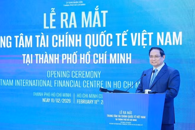 Thủ tướng Chính phủ Phạm Minh Chính phát biểu tại Lễ ra mắt Trung tâm Tài chính quốc tế Việt Nam tại Thành phố Hồ Chí Minh.